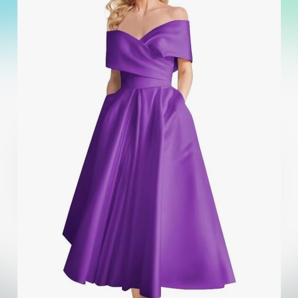 Purple Satin Tea Length A Line Pleated Formal Wedding Party Dress Pockets 22w